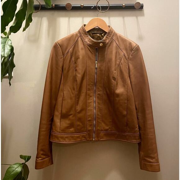 Cole Haan L Genuine Lambskin Leather Moto Jacket | Caramel Brown, Gold Zippers - Picture 2 of 11